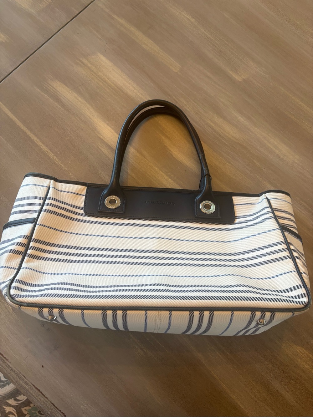 Burberry Navy and White Striped Canvas Tote with Dark Leather Trim